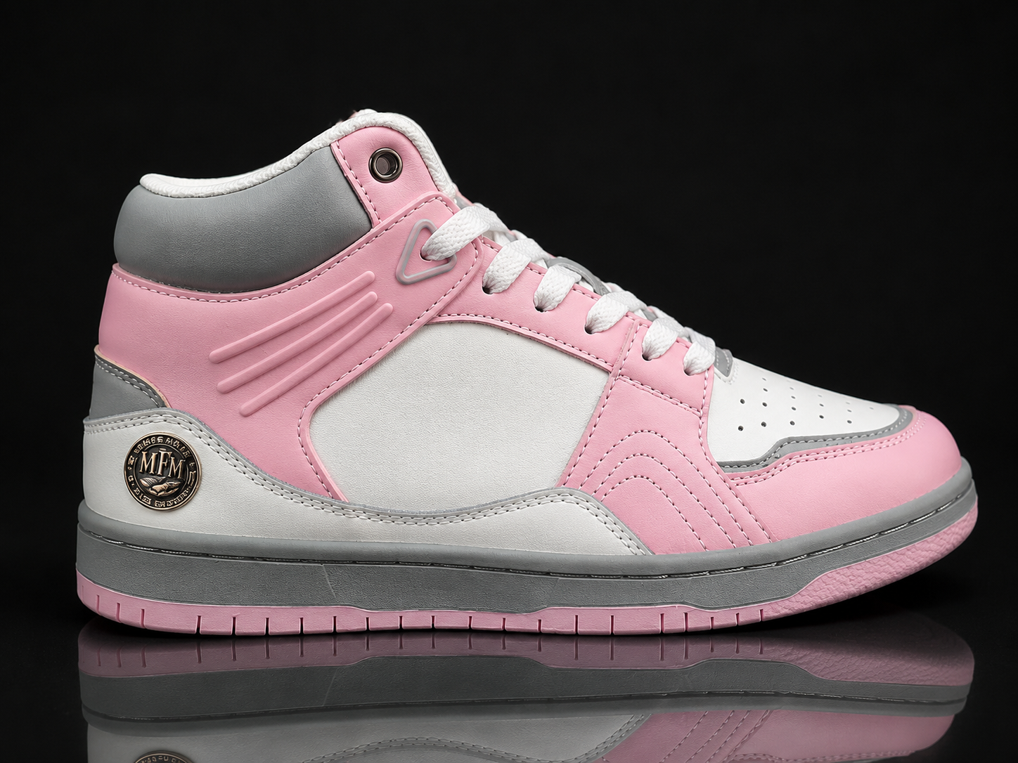 MFM Court Mid women's sneaker in pink, white and grey with gold MFM medallion