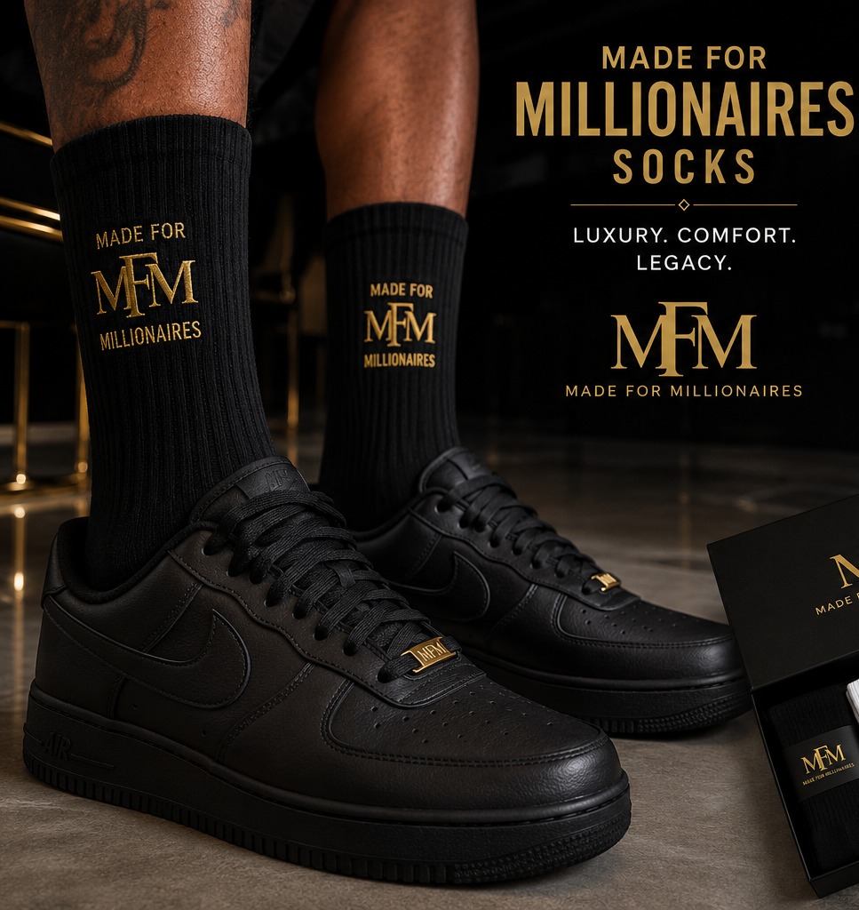 MFM crew socks in black with gold MADE FOR MILLIONAIRES logo