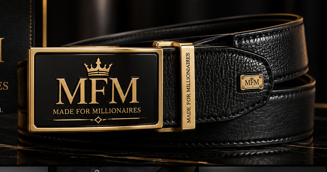 MFM men's black leather belt with gold MFM plaque buckle