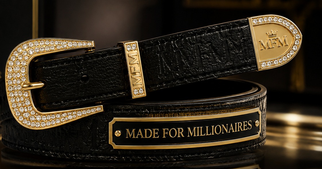 MFM women's black belt with crystal-set gold buckle