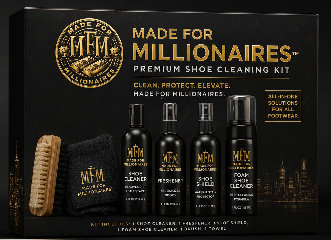 MFM Premium Shoe Cleaning Kit box with cleaner, freshener, shoe shield, foam cleaner, brush and towel