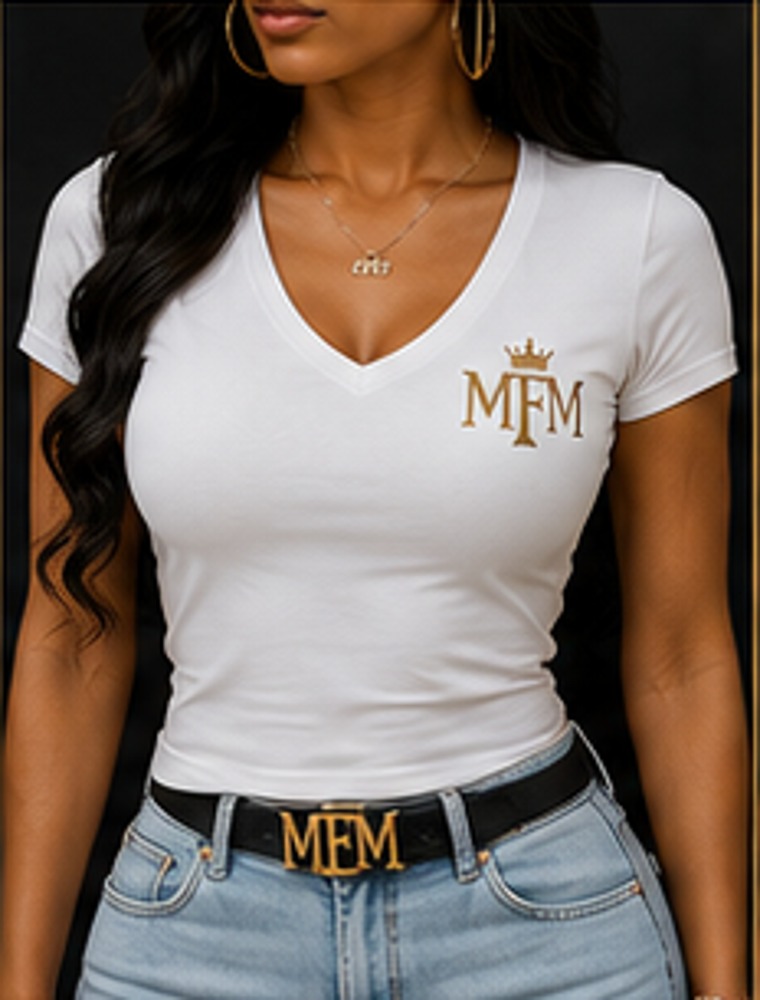 Women's MFM Gold V-Neck tee in white with gold signature logo