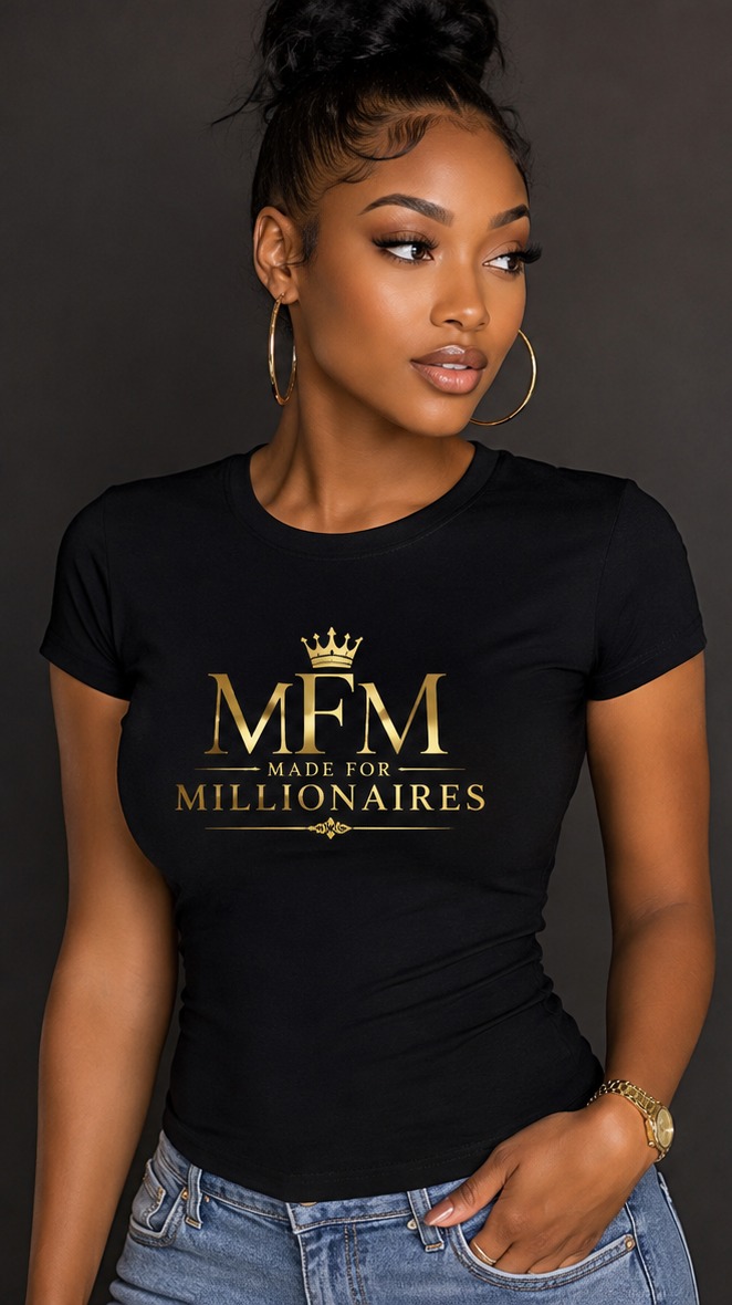 Women's MFM classic logo tee front view in black with gold logo