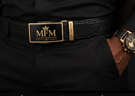 MFM men's plaque belt worn with black tailored trousers