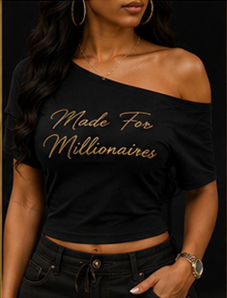 Women's MFM Off Shoulder Top in black with gold script