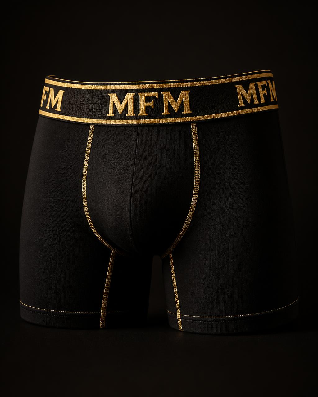 MFM boxer briefs in black with gold signature waistband