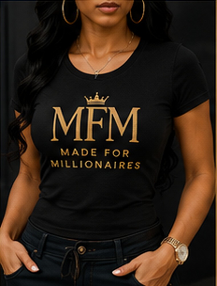 Women's MFM Icon Tee in black with bold gold logo