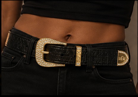 MFM women's crystal buckle belt worn with black denim